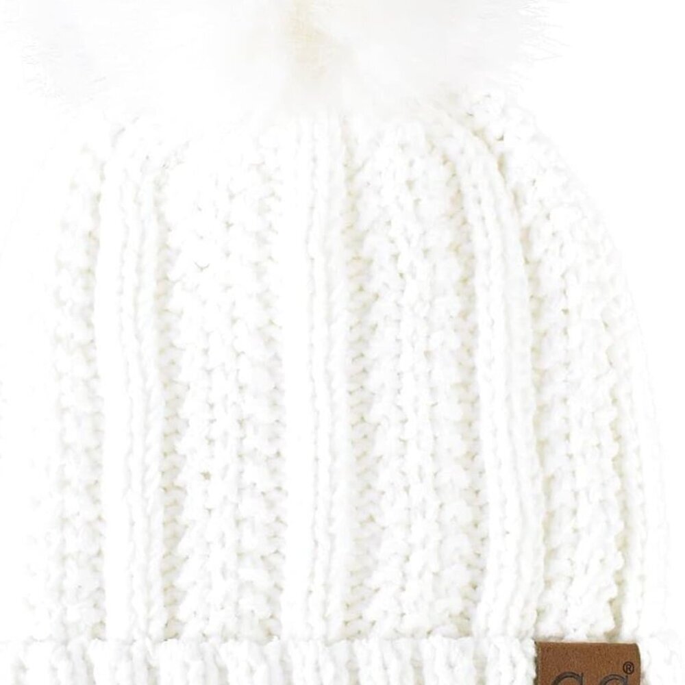 Thick Cable Knit Faux Fuzzy Fur Pom Fleece Lined Skull Cap Cuff Beanie